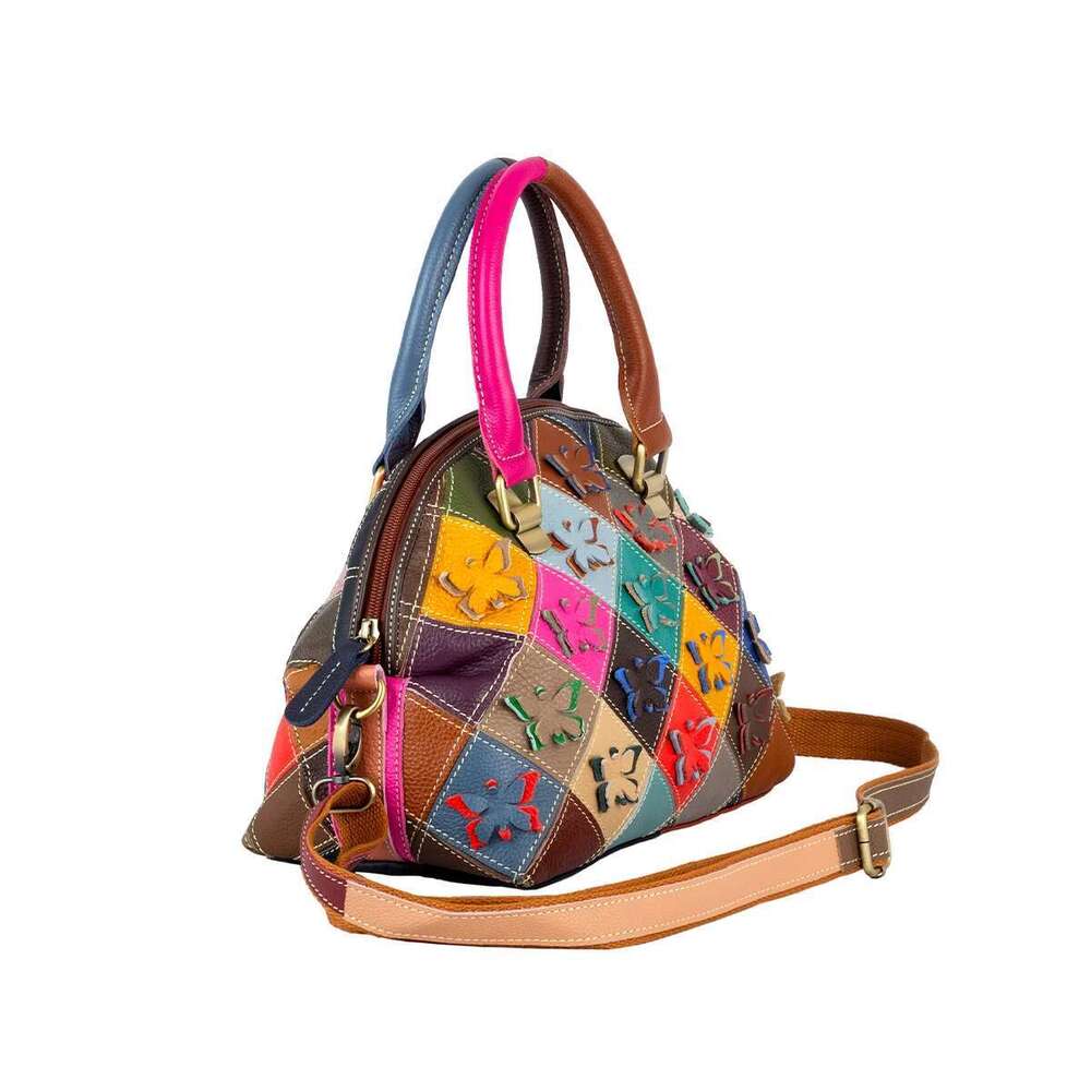 Genuine cowhide handmade colorful butterfly flower pattern shell casual trendy shoulder handbag women's bag