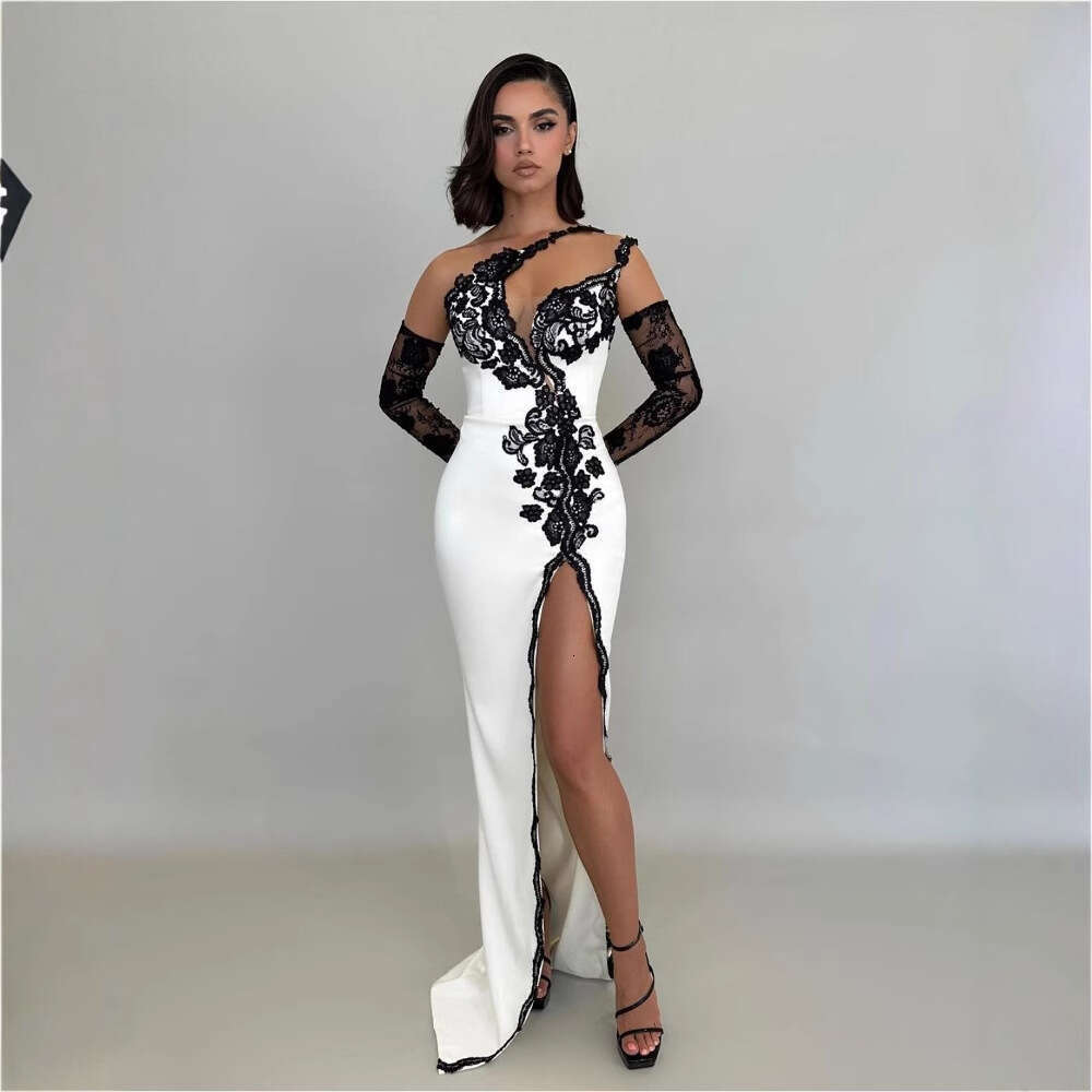 White Dress Maxi Dress Black Lace Gloves Sexy Low Cut Slanted Shoulder White Long Skirt Socialite Party Bandage Dress KQ