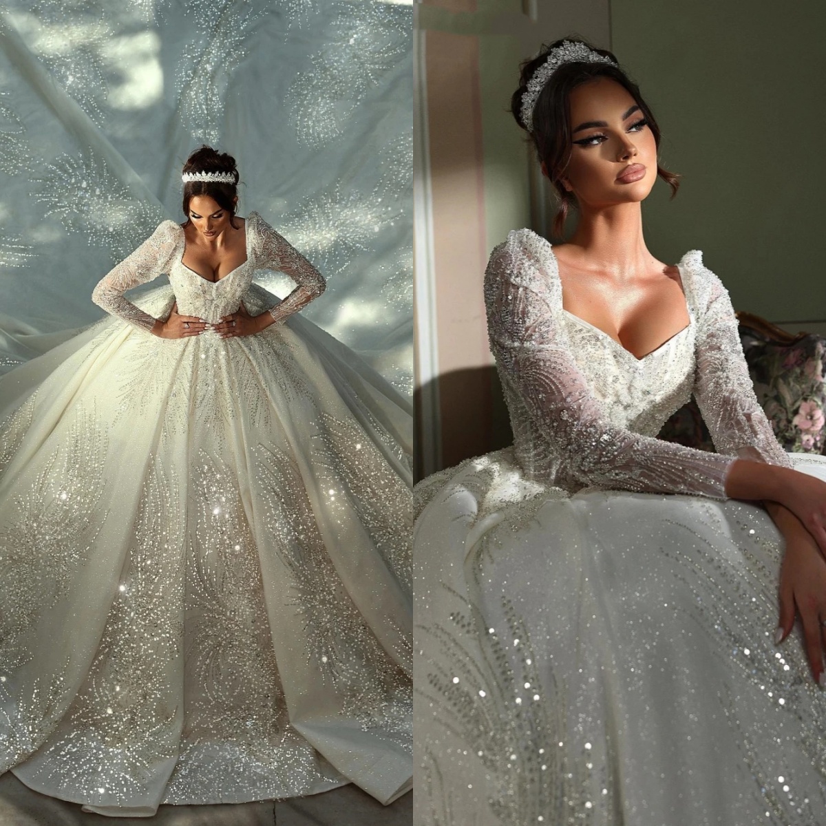 Gorgeous Ball Gown Wedding Dress Sweetheart Neck Long Sleeves Bridal Gowns Sequins Beaded Court Train Dresses Custom Made vestidos de novia