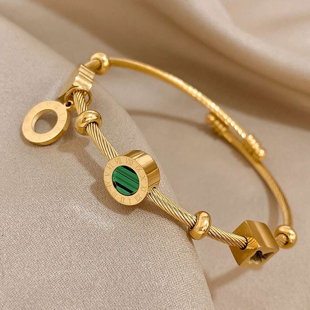 AENSOA 316L Stainless Steel Malachite Roman Letters Charm Bangles Bracelets For Women Gold Color Waterproof Wrist Jewelry Gift