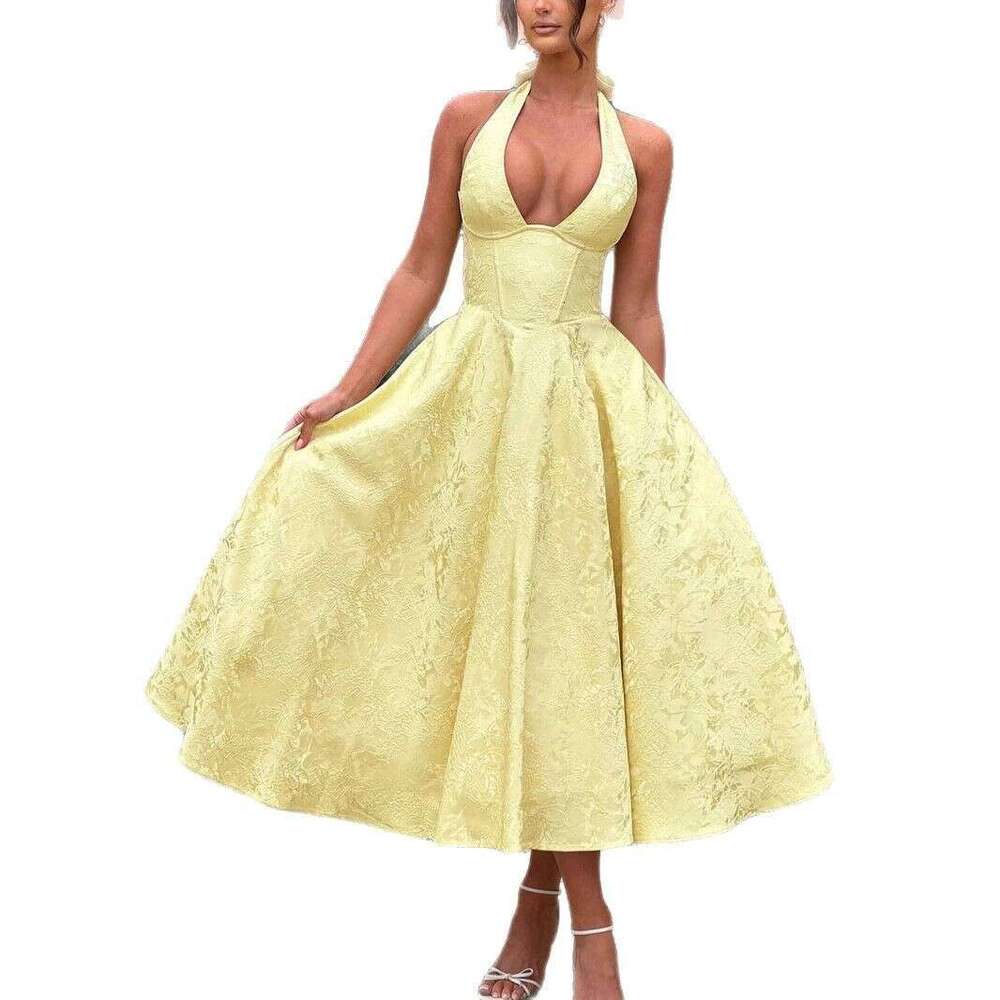 White Dress Maxi Dress V-Neck Hanging Neck Jacquard High-End Evening Dress, Spring And Summer Temperament, Sleeveless Backless Waist Cinching Long Dre