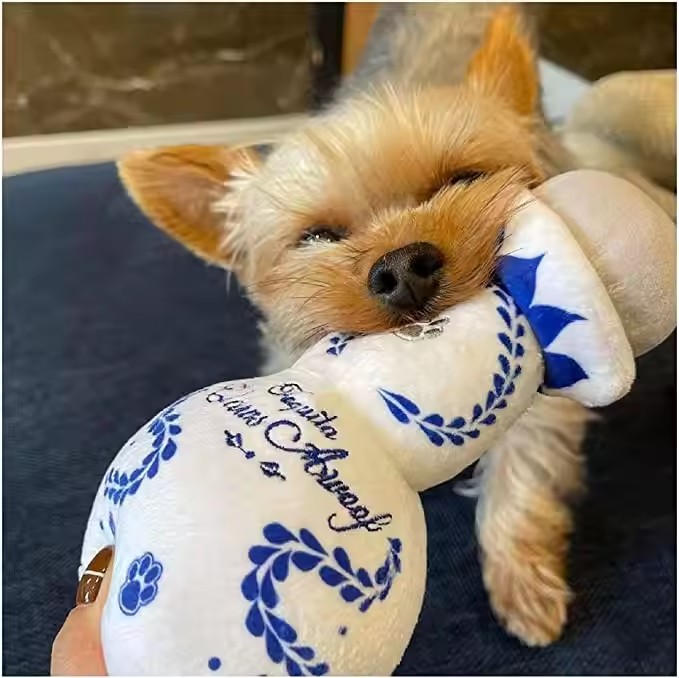 Squeaky Dog Toys Plush Dog Toy with Soft and Highly Elastic Fiberfill Blue White Porcelain Vase Design Stuffed Durable Dog Chew Toys for Small to Larg