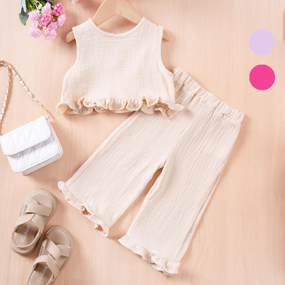 Summer Kids Cotton Casual 2pcs Toddler Girls Solid Color Sleeveless Top Ruffle Pants Set Comfortable Fashion 250515