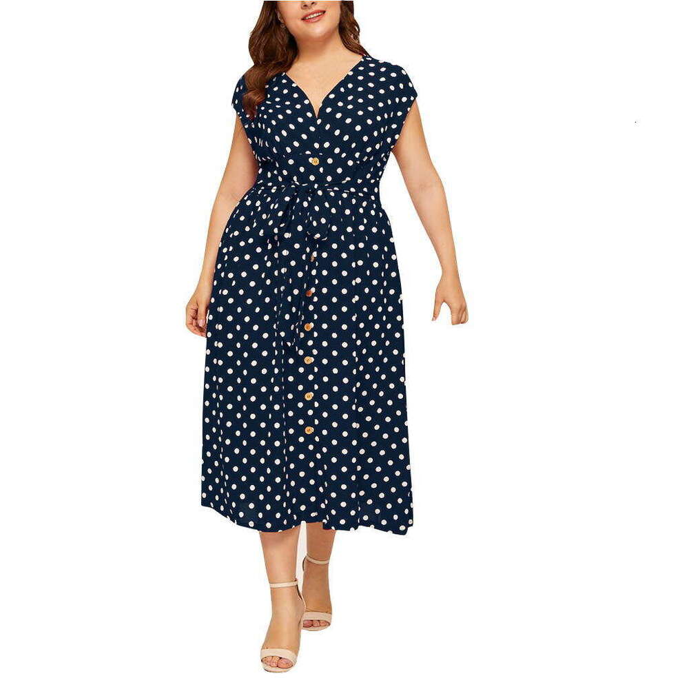 Plus Size Whitedress Vestido De Mujer Women Dresses Womens Dresses New Womens Oversized Polka Dot Dress with Button Up Strap and Waist Cinching V-neck