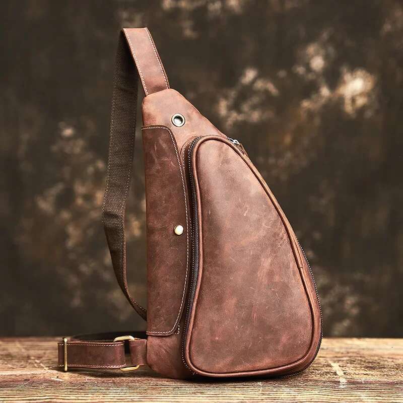 Nupugoo-Genuine Leather Vintage Chest Bag Men, Crossbody Shoulder, High Quality Leather, Multifunction Zipper For 9.7 Inch I
