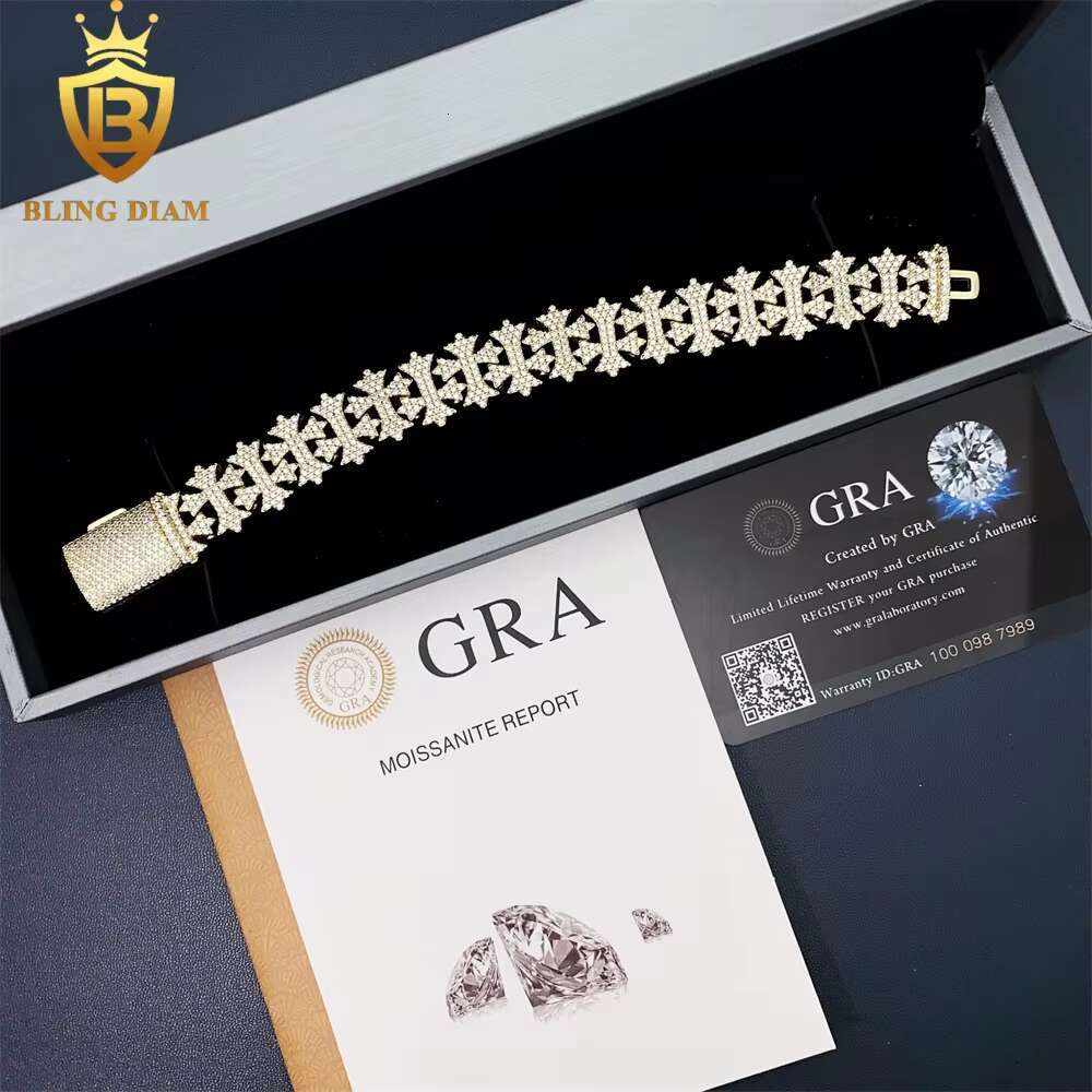 16mm Luxury Jewelry Hip Hop 925 Sterling Silver Moissanite Cuban Link Chain Cross Iced Out Bracelet