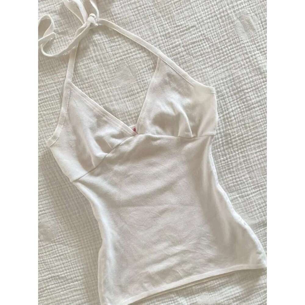 Sweet Halter Tank Tops Women Summer New All-match Sexy V-neck Slim Camisole Casual Vintage Preppy Style Cute Crop Top Y2K