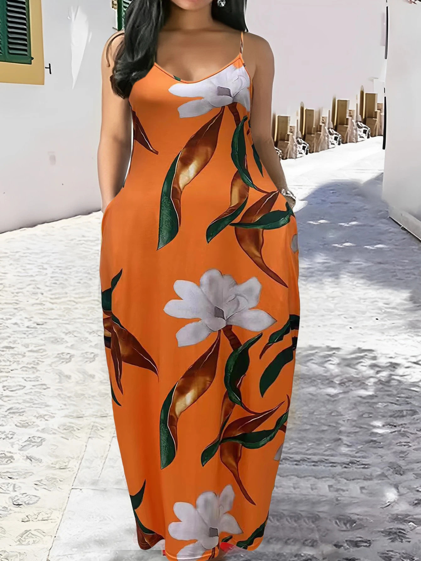 plus Size Fashion Floral Print Dress with Adjustable Buckle Pocket Strap Gown for Women 250509