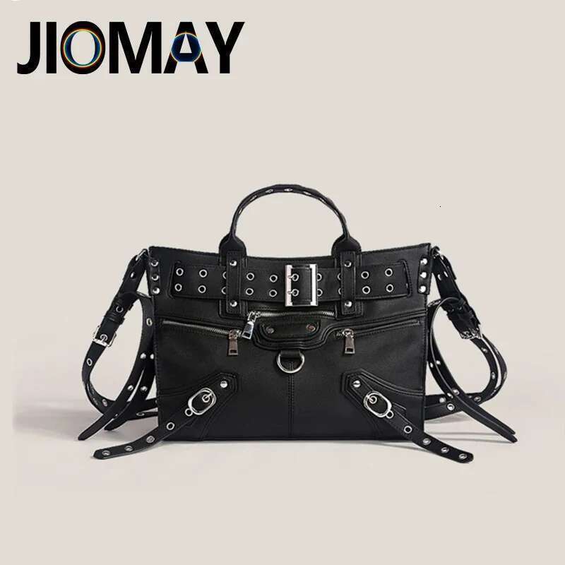 JIOMAY Women Black Goth 2024 Fashion Woman Ladies Moto And Biker Style Shoulder Rivet Belt Large Capacity Tote Bag