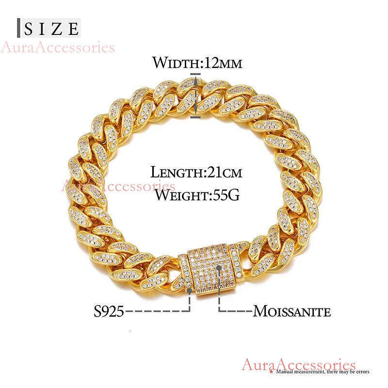 12MM Width Sterling Sier Iced Out VVS Moissanite with GRA Certification Cuban Link Bracelet Hiphop Jewelry for Men Women