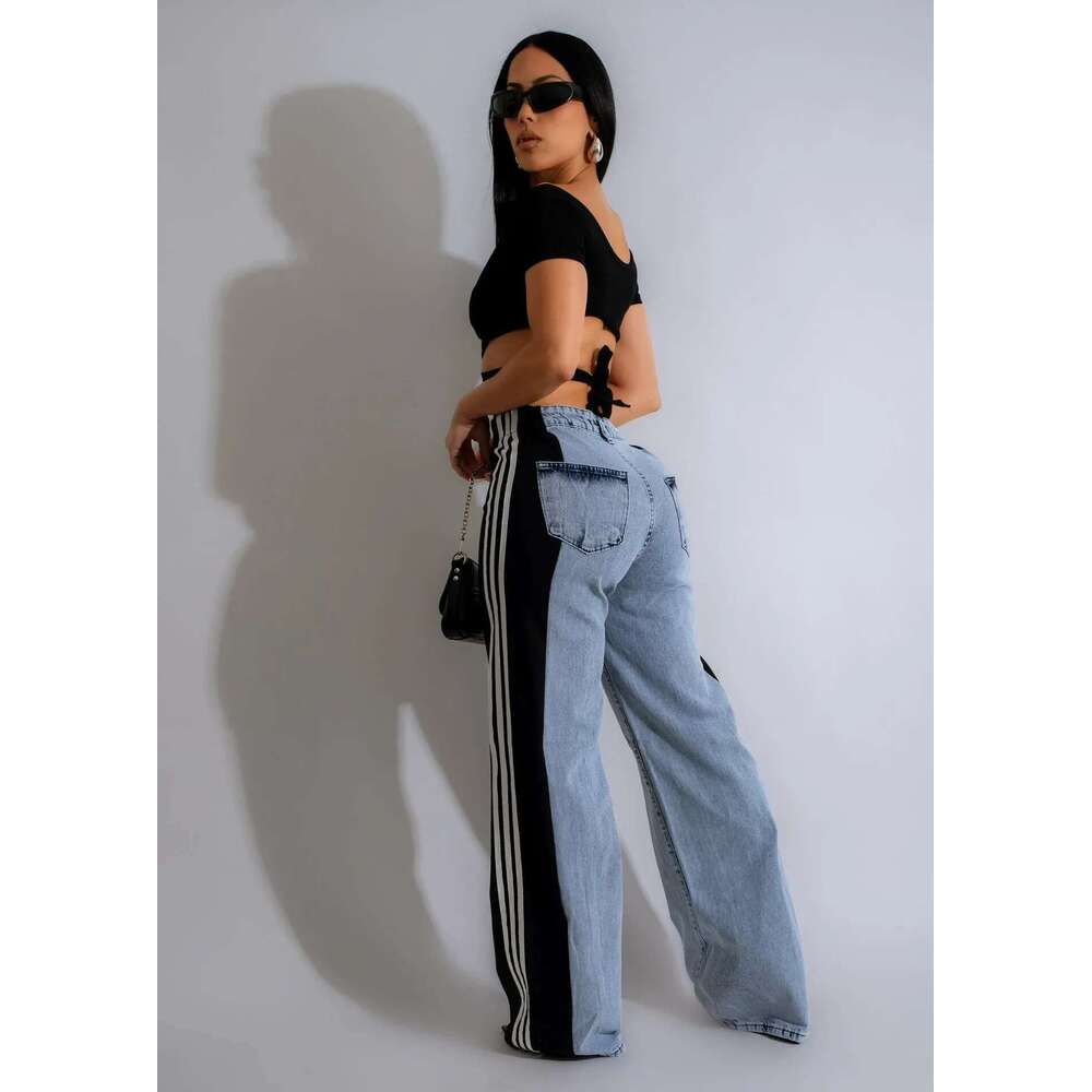 Sideseam Striped Wide Leg Jeans Women High Waist Stretch Denim Pants Patchwork Colorblock Straight Trouser