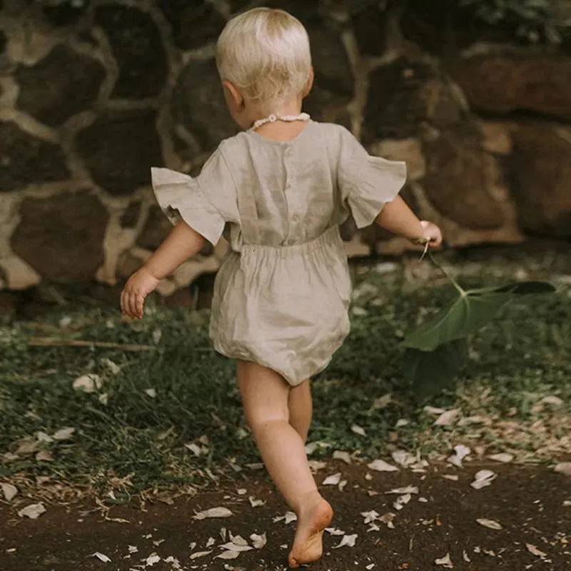 Childrens Summer Cotton Linen Suit Chic Ruffled Short-Sleeved Top Loose Shorts Casual Boys And Girls Two-Piece Sets 250515