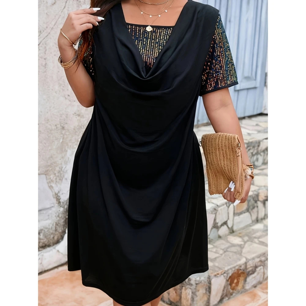 Plus Size Womens Elegant Short Sleeve Contrast Color Midi Dress Sequin Detail Black Polyester Casual Outing Knit Fabric 250509