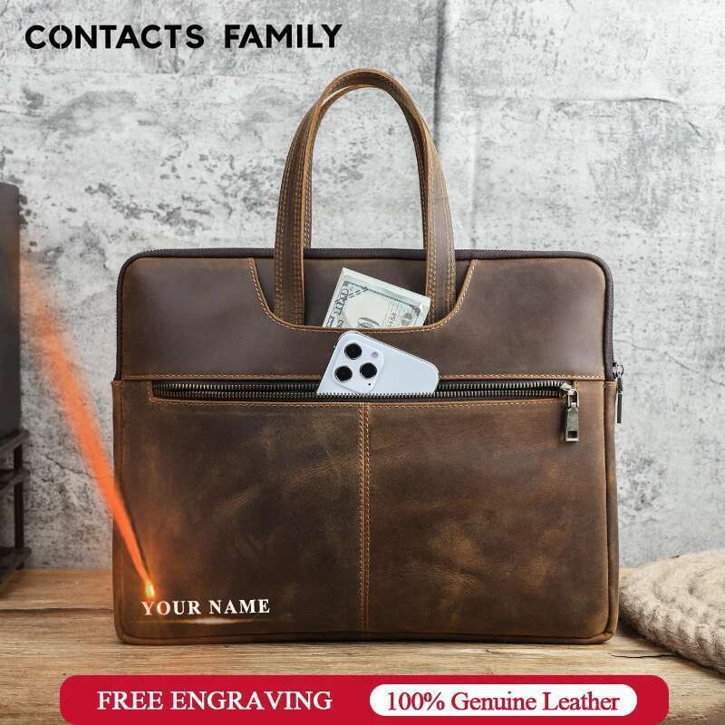 CONTACT'S FAMILY Men Briefcase Genuine Leather Laptop Bag For Air 13 M1 M2 M3 M4 Pro 14 book 15 16 inch Handbag Tote