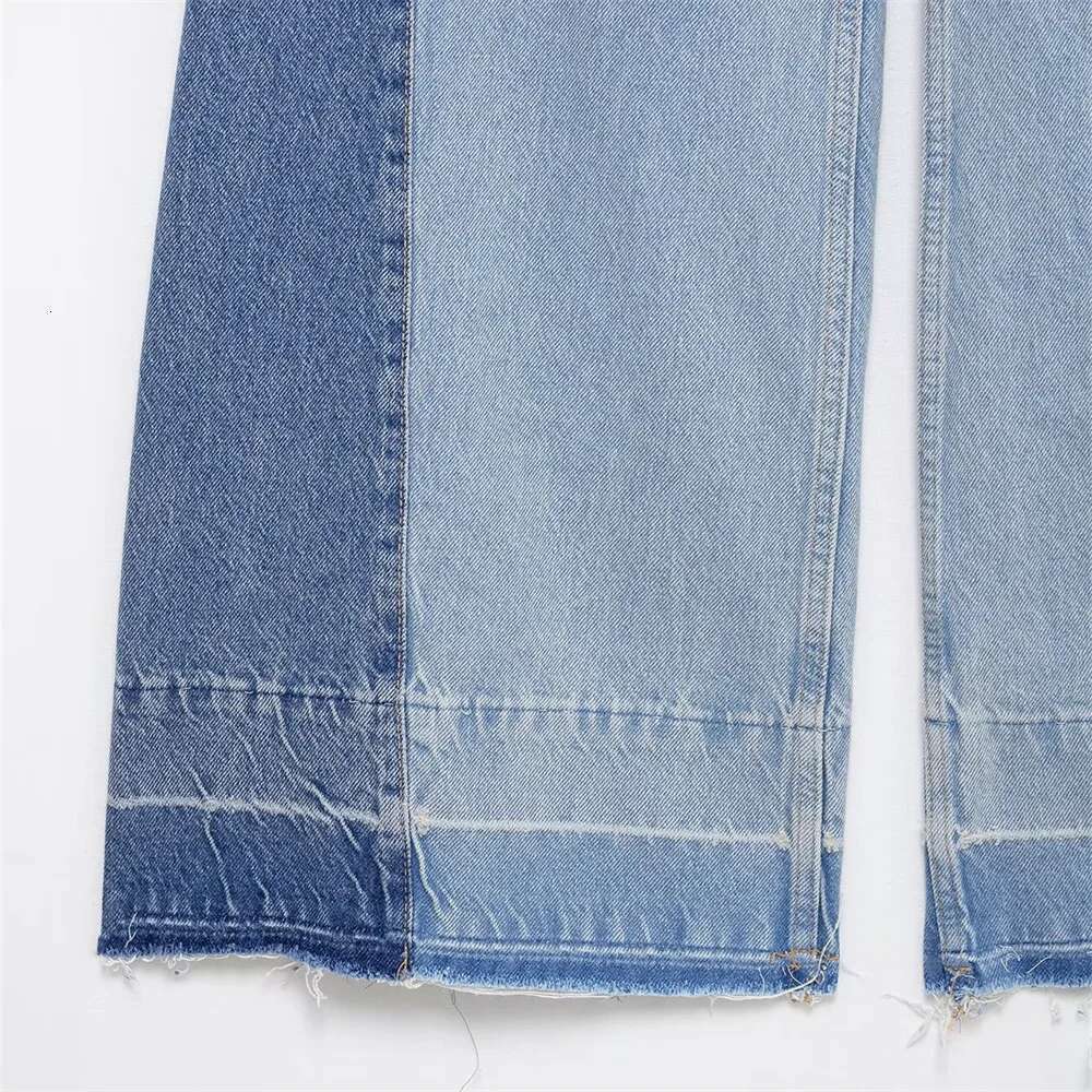 2025 New Women's Casual Elegant Design With European And American Style Splicing Cotton High Waist Wide Leg Jeans Designer
