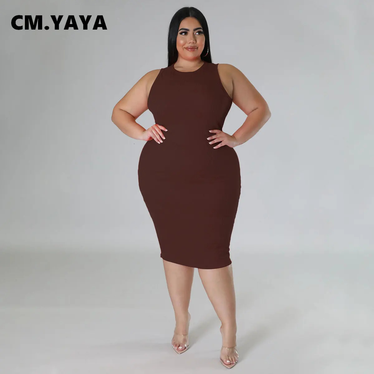 CM.YAYA Women Plus size Fashion Sleeveless Knit Ribbed Bodycon Midi Tank Dress High Street Vintage Party Evening Pencil Dresses 250515