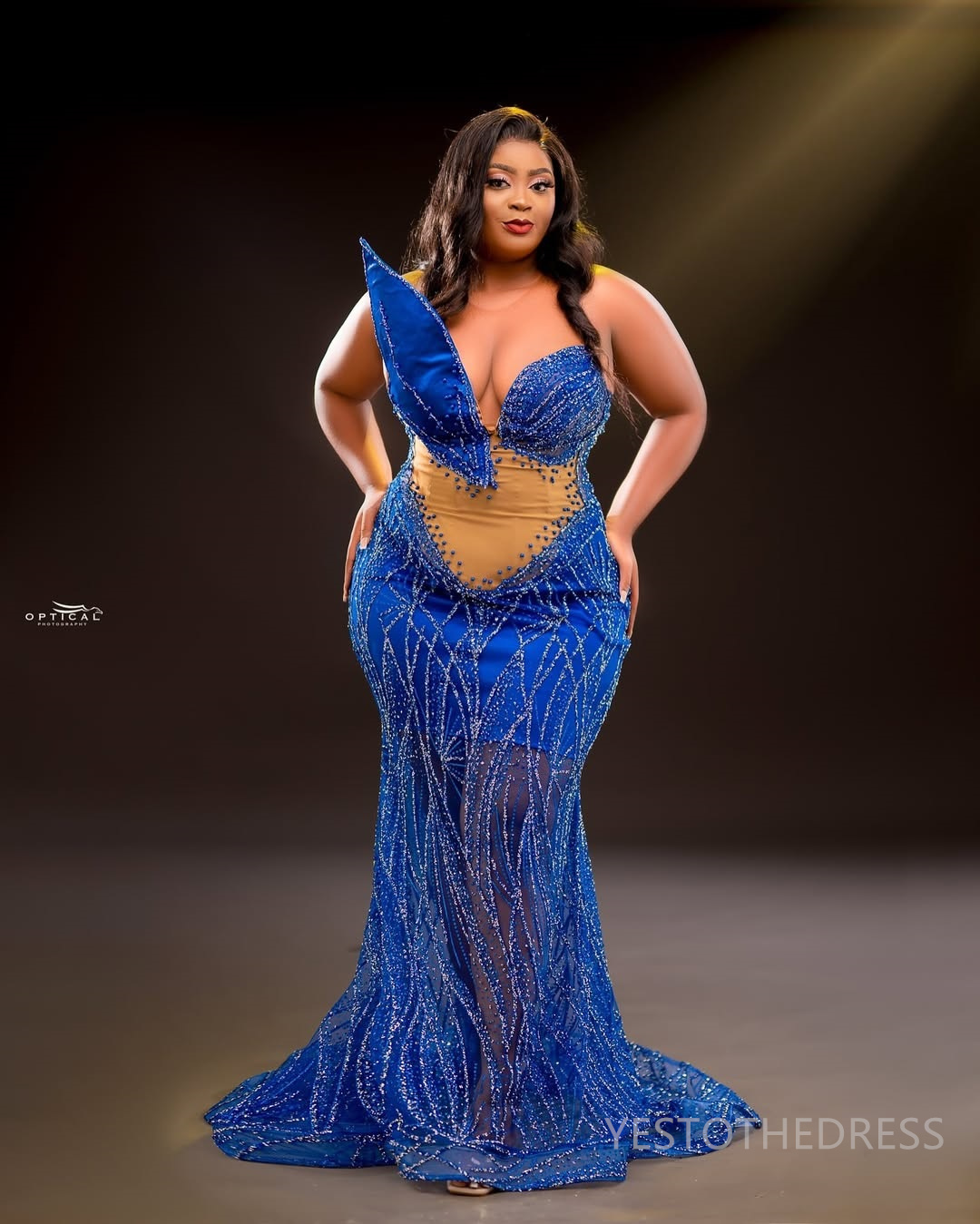 2025 Plus Size Royal Blue Aso Ebi Prom Dress Mermaid Prom Dresses Evening Formal Gowns Sheer Neck Beaded Lace Illusion Birthday Dress Second Reception