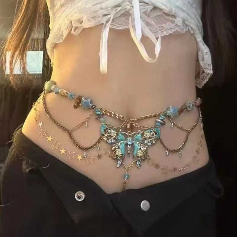 Butterfly Pendant Tassels Waist Jewelry Dainty Butterfly Pendant Multilayer Waist Chain Elegant Beaded Body Chain Y250515