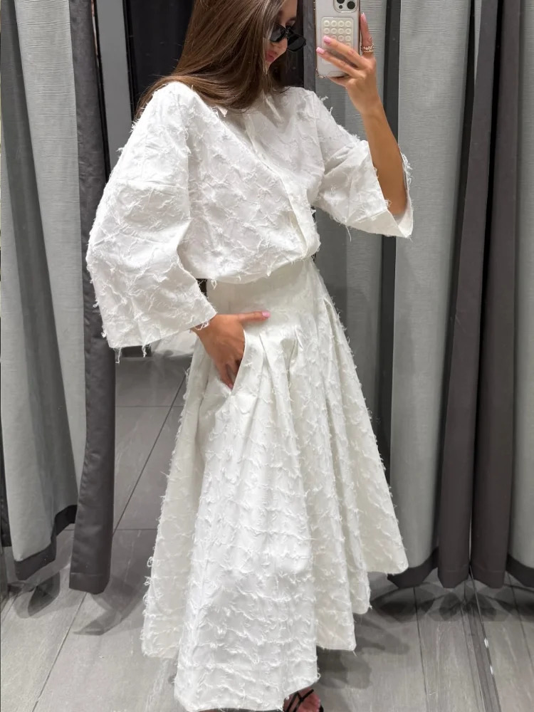 Elegant Tassel Shirt Skirt Set Women White Lapel Long Sleeve Button Top Aline Pleated Midi Skirts Summer 2 Pcs Lady Outfit 250515