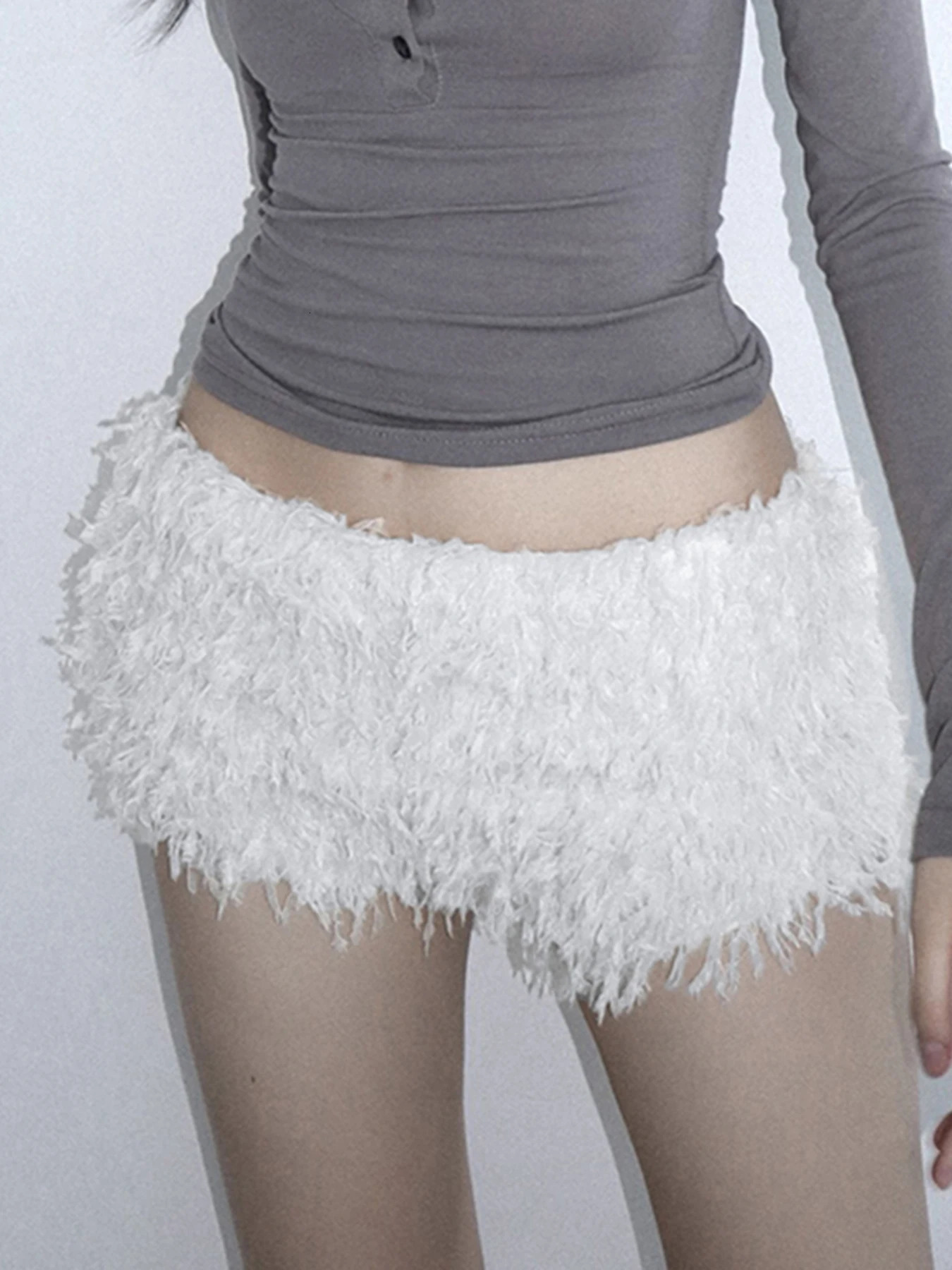 Faux Fur Solid Knitted Womens Short chic Y2K Skinny Simple Low Waist Autumn WInter Basic Pants 250514