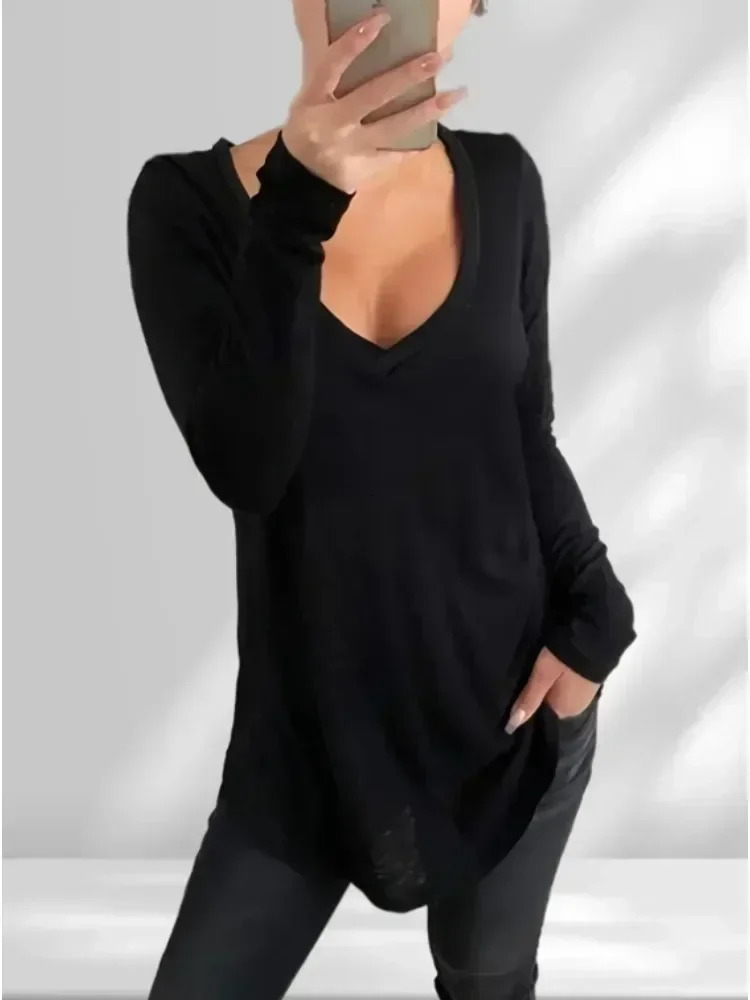 Womens Plus Size1XL-5XL Fashion V-neck Long Sleeved T-shirt Ladies Casual Simple Solid Color T-shirt 250515