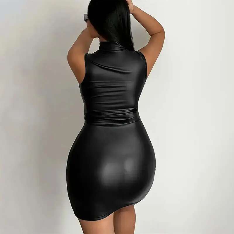 Women Summer Sexy Strapless Bodycon Pu Leather Slim Package Hip Black Club Party Mini Short Dress Sundress Female Clothing