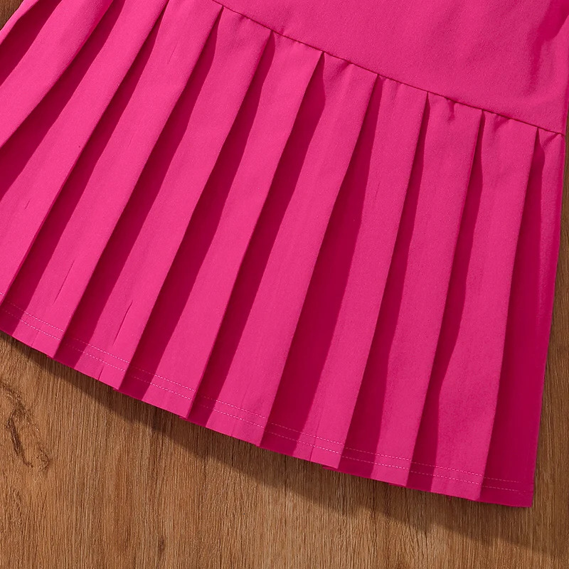 Childrens Fashion Clothes Sets For Kids Girl Black Smiley T-shirt And Rose Red Pleated Skirt High Quality Korean Style 250515