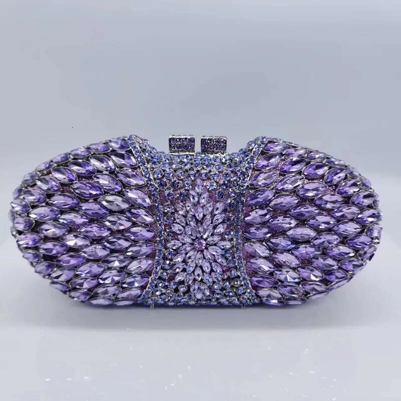 New Style Woman Purple Champagne Clutch Purse Gala Bridal Crystal Wedding Party Dinner Evening Bag Hollow Dia Handbag