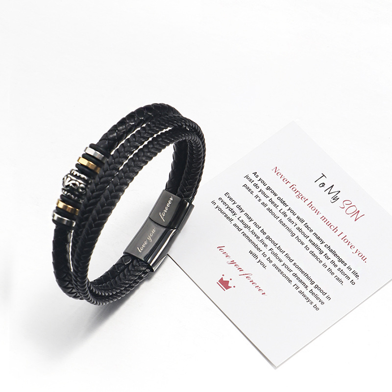 Trendsetting Man's Bracelets: Luxury Stainless Steel Strapped With Genuine Leather Band Featuring Individualized Inscription