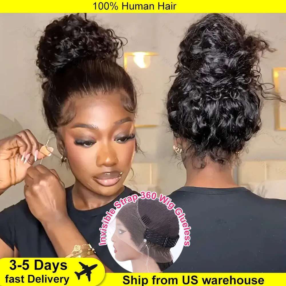 250 Density Invisible Strap 360 HD Full Glueless Deep Frontal Human Hair 30 Inch Water Wave Lace Front Wig