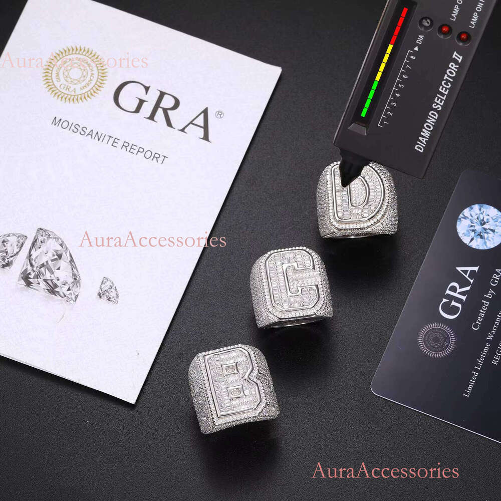 D VVS Moissnite Baguette Custom Ring Initials A-Z 26 Letters Rings for Women Men Couple Alphabet Name Iced Out Hip Hop Jewelry