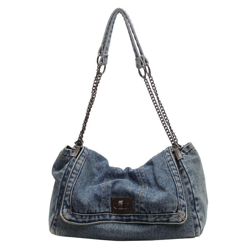 Denim Tote Bag With Metal Buckle And Chain Strap Deep Light Blue Black Vintage Ing Design For Women Non-Adjustable Sl