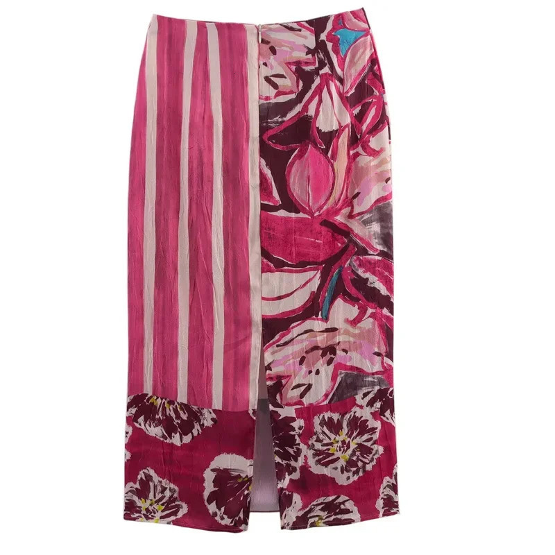TRAF Floral Long Skirts For Women Boho Summer Print Midi Skirt Woman High Waist Satin Slit Elegant Womens 088 250515