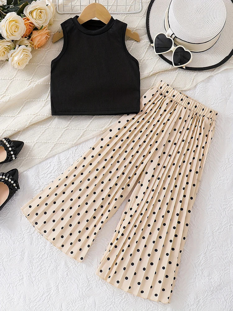 2pcs Girls Summer Round Neck Solid Color Pit Vest Casual Dot Print Pleated Fashion Pants Suit 250515
