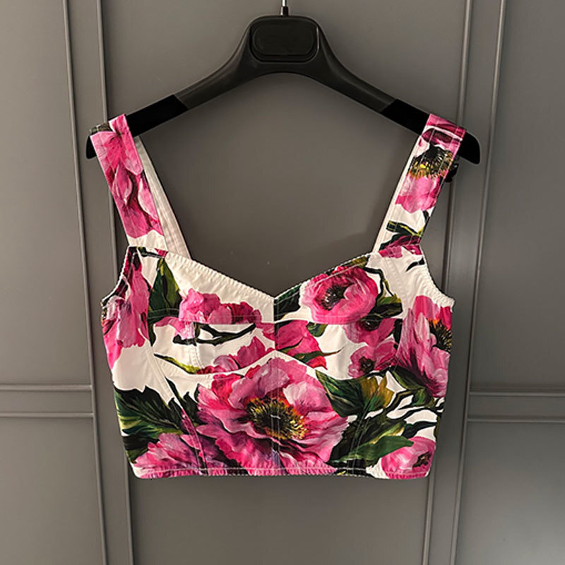 Women's Flower Printed Cotton Two-Piece Set Designer New Fashion Square Neck Crop Vest Elegant High Waist Pleated Midi Skirts High-Quality Beach 