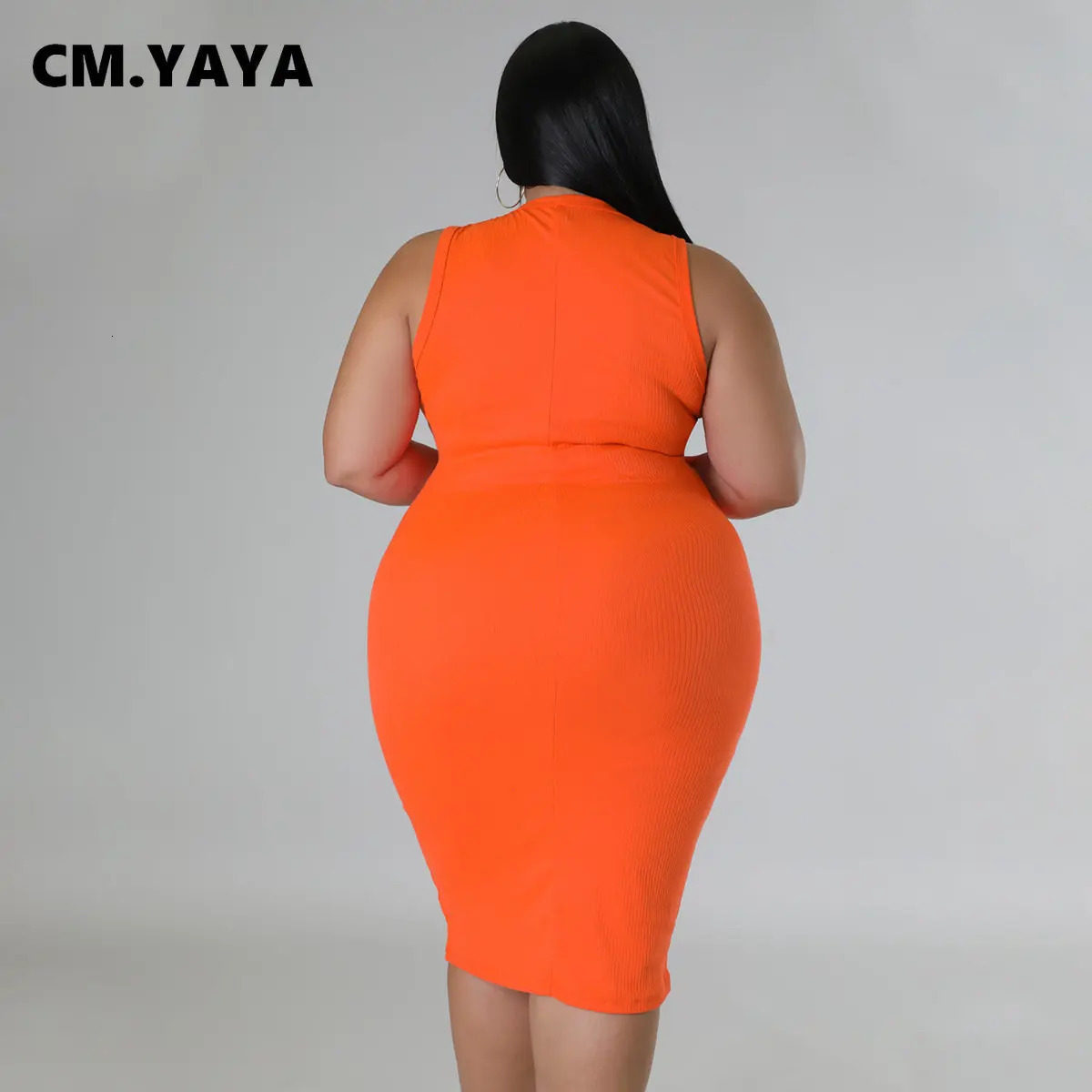 CM.YAYA Women Plus size Fashion Sleeveless Knit Ribbed Bodycon Midi Tank Dress High Street Vintage Party Evening Pencil Dresses 250515