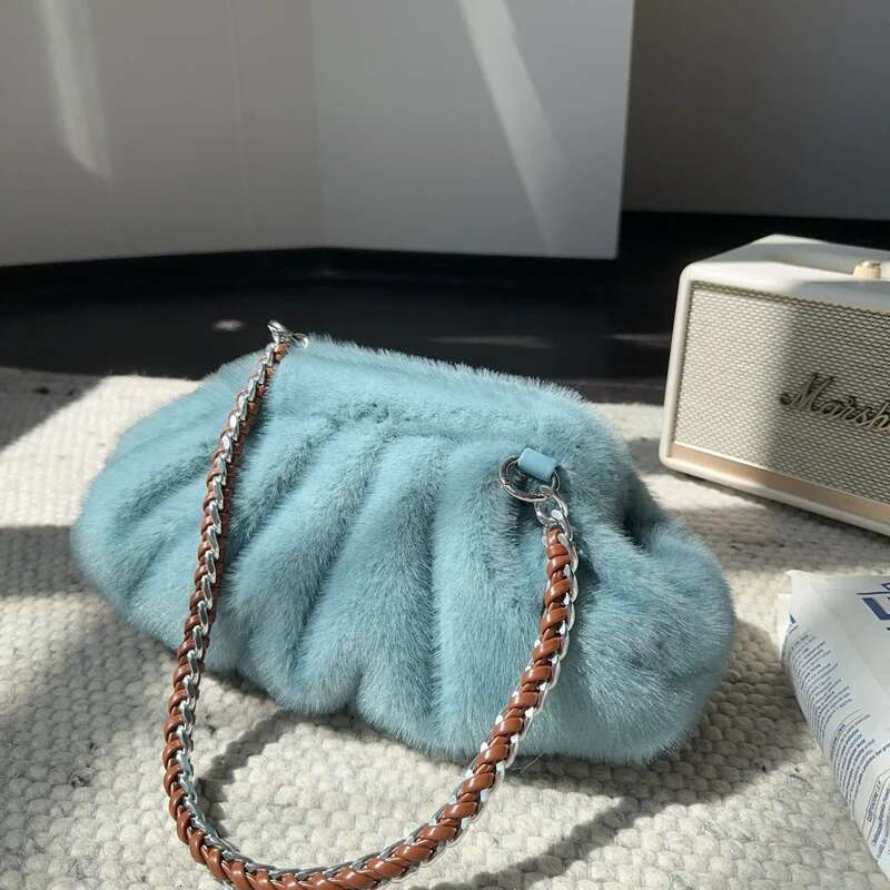 MOODS Pleated Design Faux Fur Shouldrt For Women 2024 Designer Purses And Handbags Winter Warm Soft Plush Hobo Bags