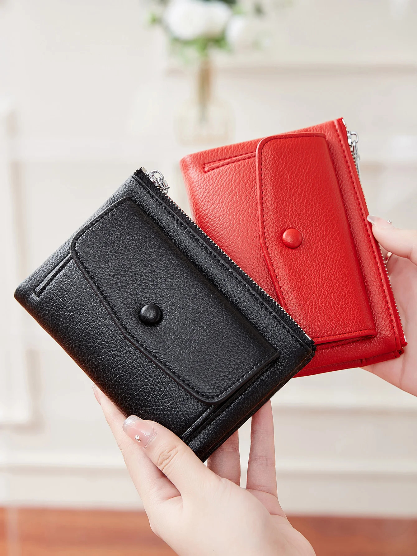 Womens wallet PU leather short double zippered wallet simple solid color large capacity credit card holder bag with coin pocket 250514