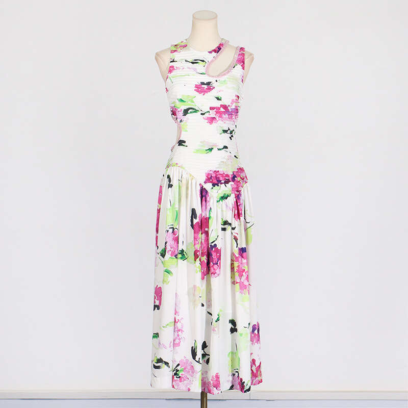 Elegant temperament, waist cinching and slimming long dress, 2025 summer new sleeveless design, hollowed out printed dress for women