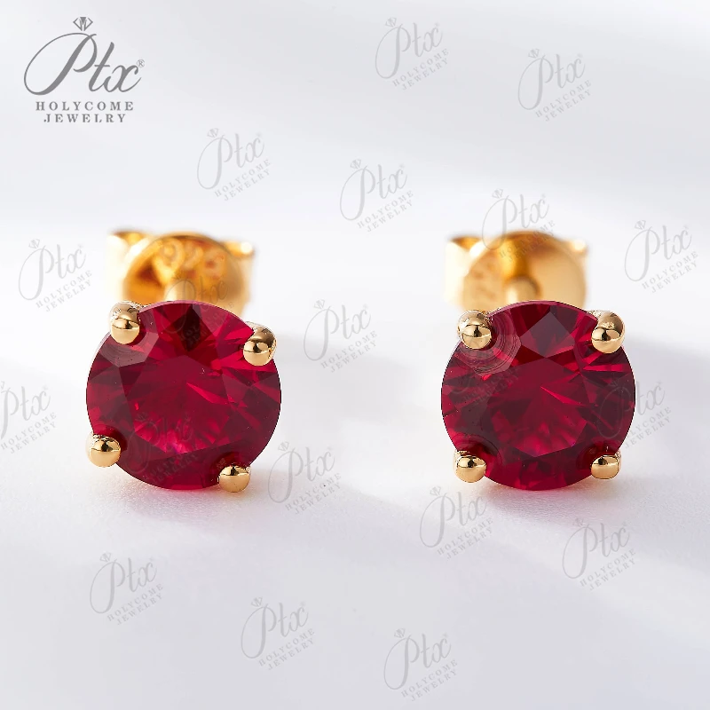 Four-prong Lab Grown Ruby Stud Earrings Sparkling 1CT Pigeon Red Earring for Women Men Real Gold Wedding Jewelry Anti Allergic