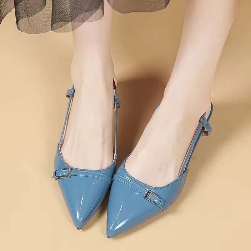 2025 New Summer French Wine Red Pointed Patent Leather Mid-heel Overhead Sandals for Women Retro Skinny Heel Back Empty Shoes