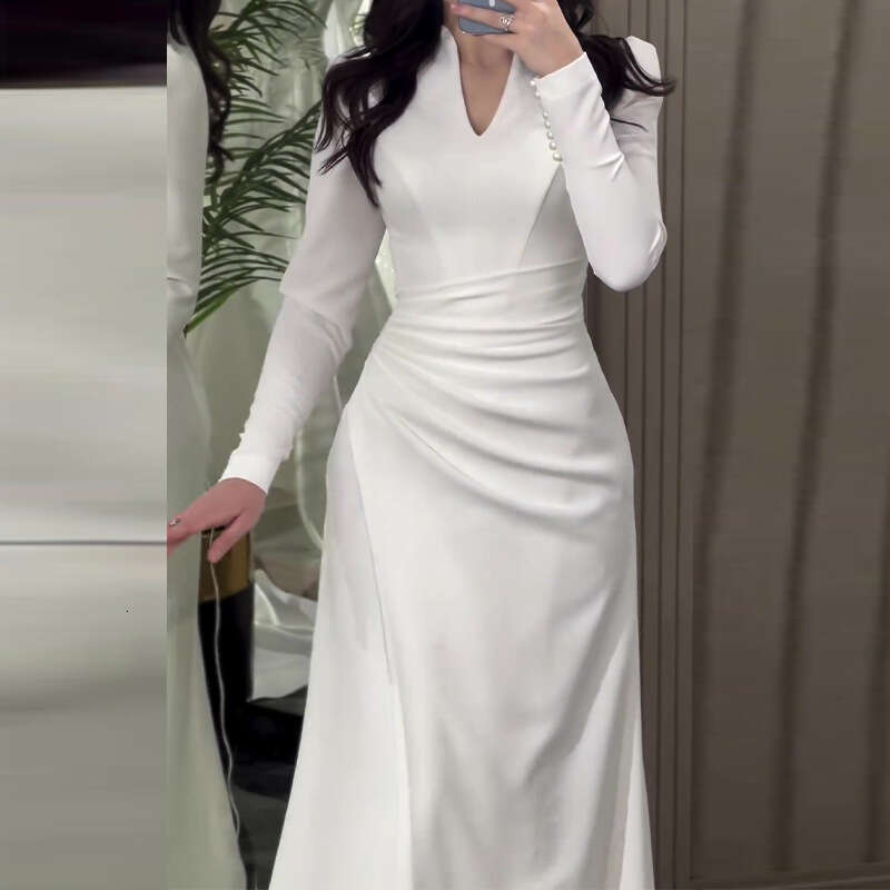 2024 Autumn New Solid Color Slim Fit Gentle Fold Long Sleeve Dress
