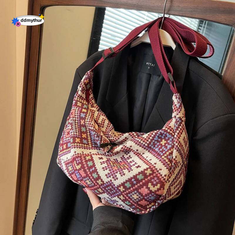 Ethnic Wind Canvas Shoulder Small Tote Female Messenger Simple Zipper Handbags 2024 New Trend Casual Beach Bag ddmythur