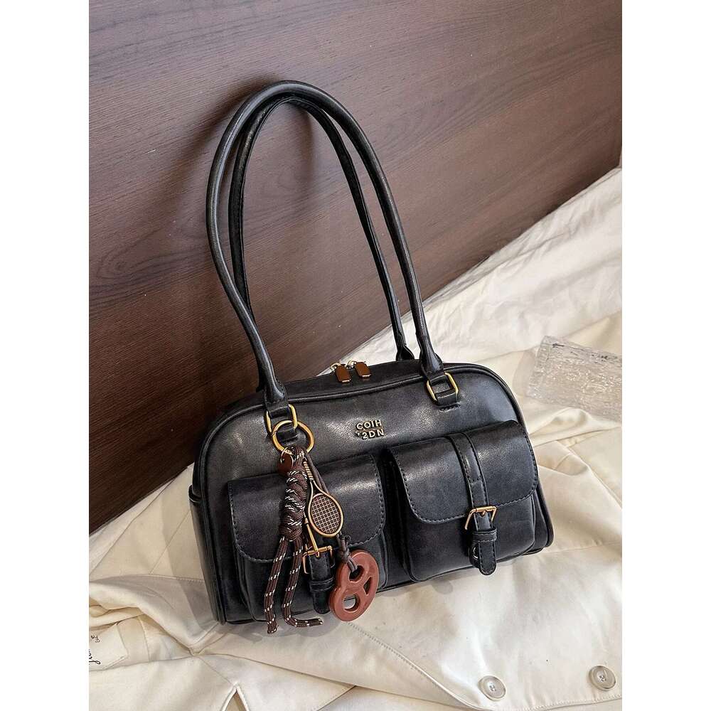 Vintage Brown Tote For Women, Crossbody Shoulder Bag With Metal Buckles & Keychain, Stylish Spacious Daily Purse