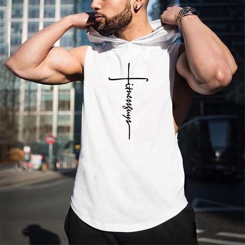 Fiess Guys Mens Hooded Tank Top Bodybuilding Stringer Hoodies Singlets Summer Gym Clothing Cotton Sports Sleeveless T Shirt