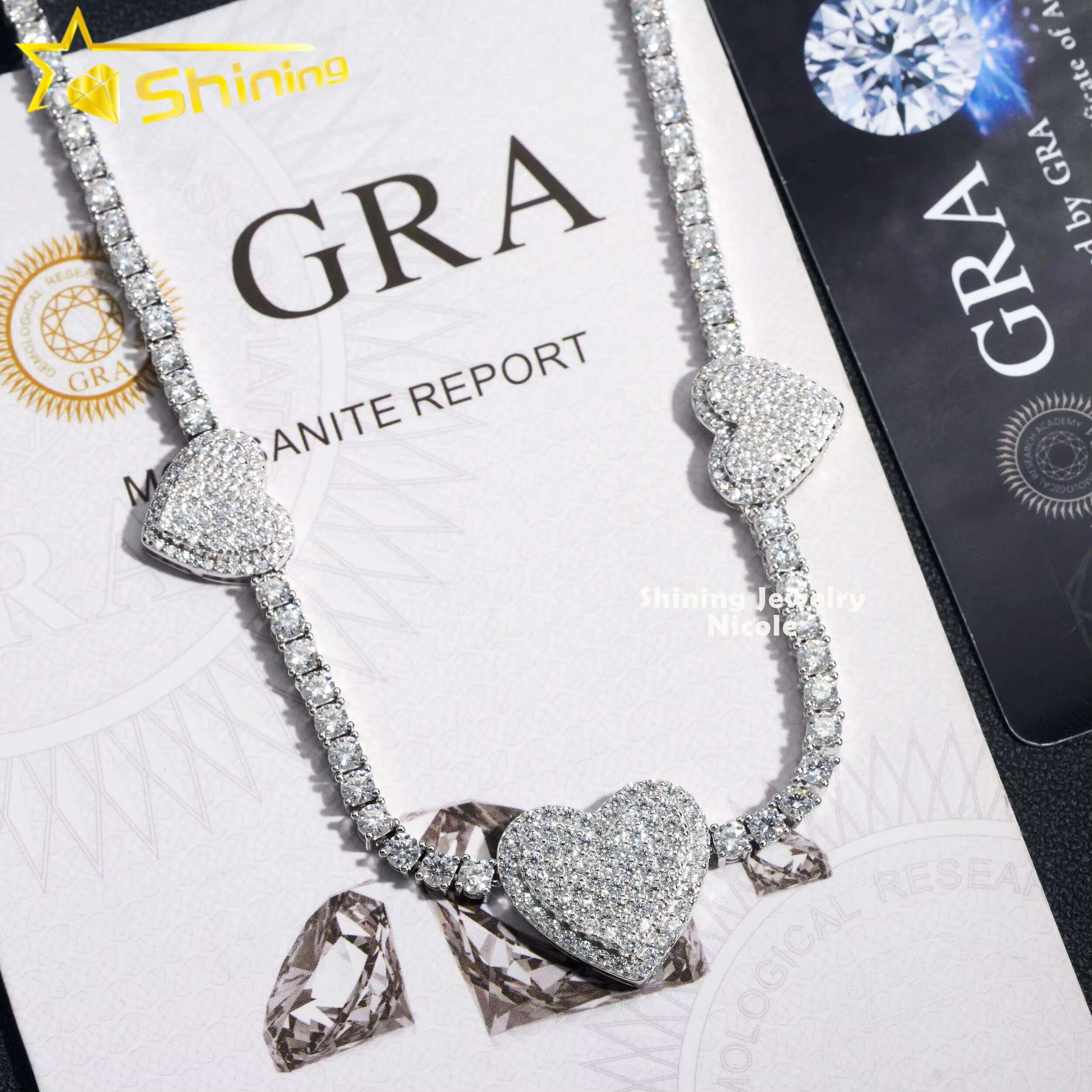 New Design Silver 925 VVS Diamond Moissanite 3MM Iced Out Heart Tennis Chain Necklace