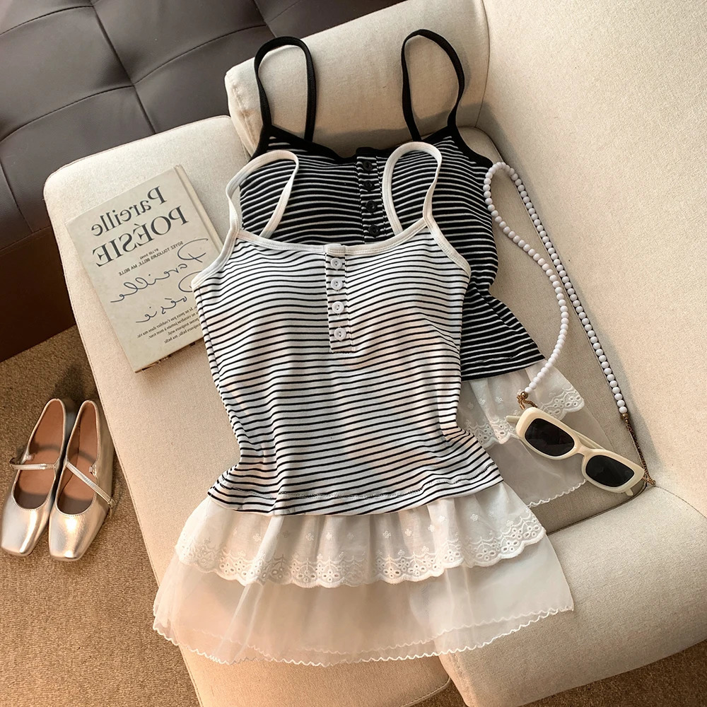 Summer Womens Korea Style Black White Strips Tank Top with Lace Hem Female Sweet Square Neck Spaghetti Straps Cami 250515