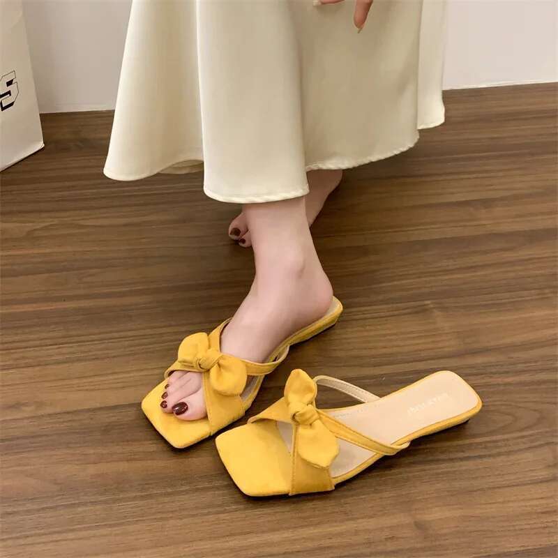 High-Heeled Shoes Lady Womens Slippers Outdoor Slides Pantofle Low Square Heel Fashion Butterfly-Knot Summer 2025 Block