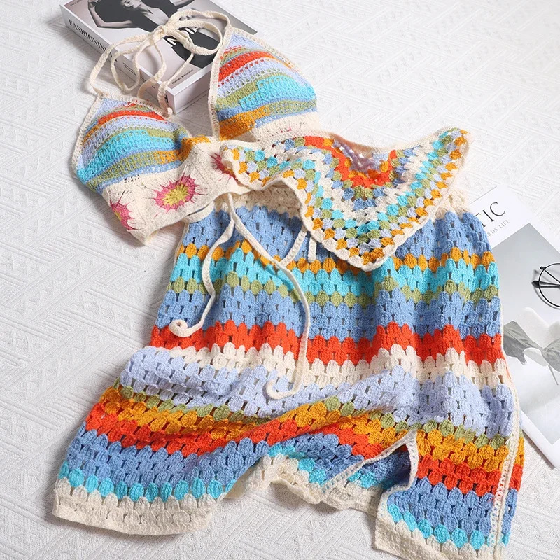 Woman With Headscarf Colorful Knitting Small Suspender For Slimming Effect Split Skirt Three Piece Set Seaside Vacation Style 250515