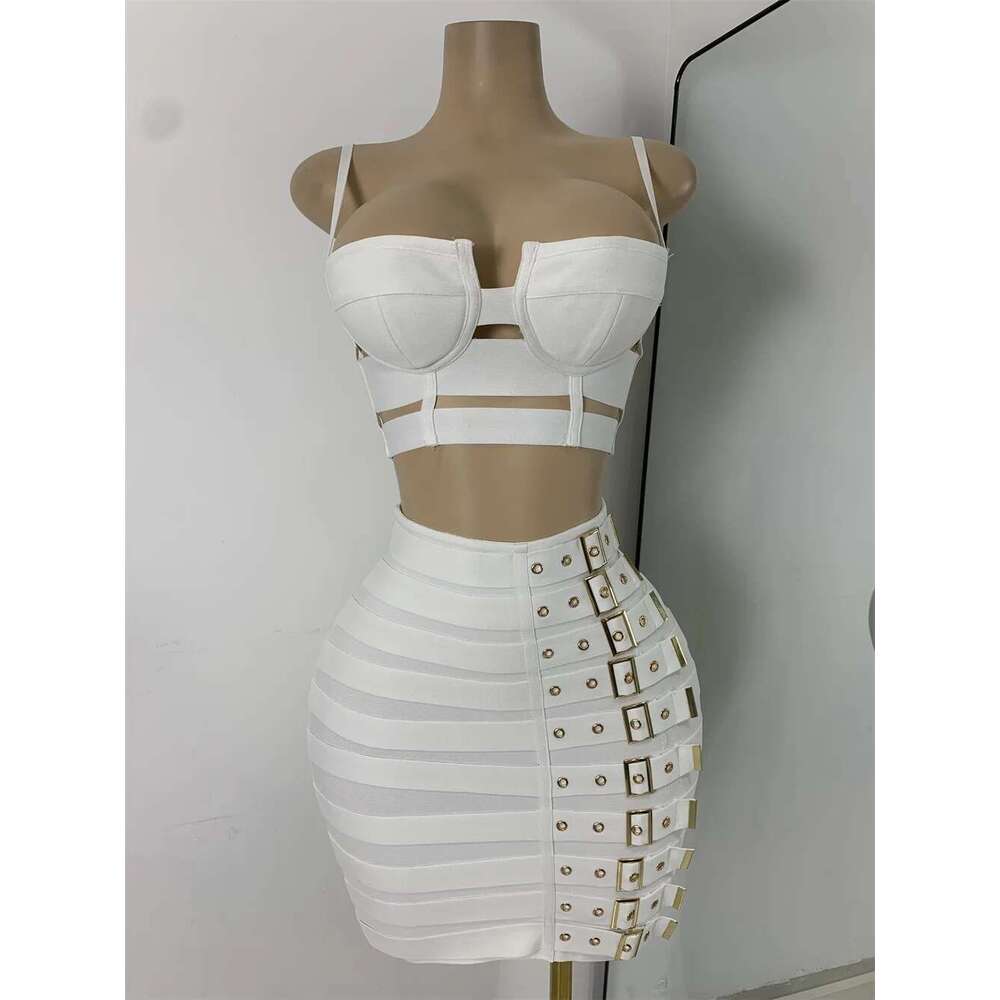 White Two Pieces Dress Set Women Sexy Square Collar Sleeveless Design Crop Top Short Skirt Suit Nightclub Birthday Clothing